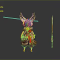 Anime Style 3D Character Model With Fox Ears Tail And Polearm Weapon