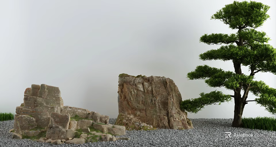Traditional Karesansui Landscape Design Featuring Large Rocks Gravel And Pine Tree 3d model 