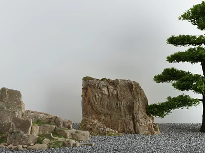 Traditional Karesansui Landscape Design Featuring Large Rocks Gravel And Pine Tree 3d model