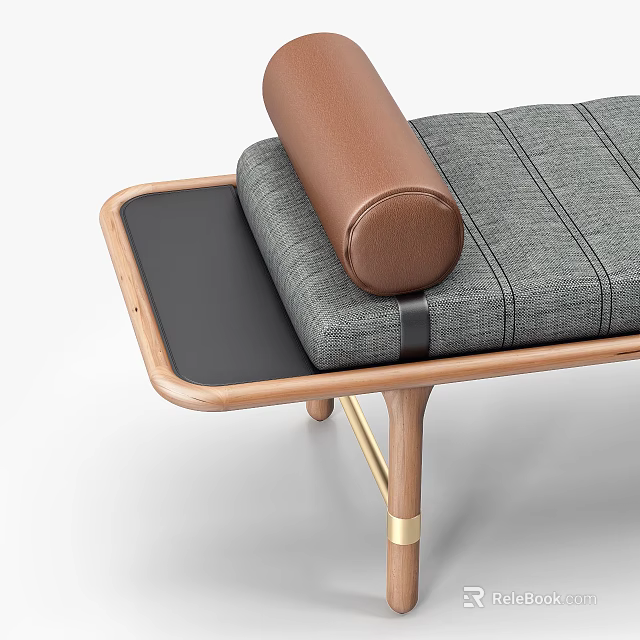 Modern Footstool With Gray Striped Fabric Cushion Brown Leather Bolster And Wooden Frame 3d model 
