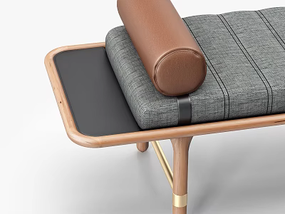 Modern Footstool With Gray Striped Fabric Cushion Brown Leather Bolster And Wooden Frame 3d model