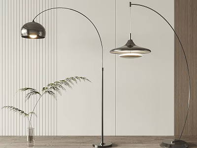Modern Floor Lamps With Curved Metal Stands And Different Shade Designs In Interior 3d model