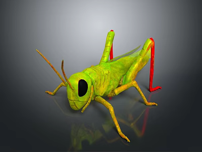 3D Rendered Green Grasshopper With Red Legs And Large Eyes On Gray Background 3d model