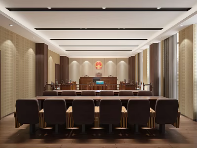 Courtroom Interior Design with Wooden Seats Judge Bench and Paneled Walls 3d model