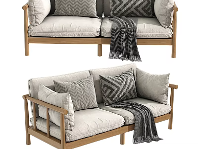 Two Seater Sofa with Wooden Frame Light Colored Cushions and Geometric Pillows Gray Throw Blanket 3d model