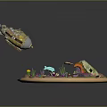 Enchanted Circular Sand Landscape with Colorful Rocks Plants Dinosaur Skull Fish and Flying Submarine