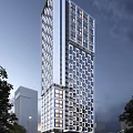 Modern High Rise Hotel Building With Glass Curtain Walls Street Vehicles And Exterior Lighting