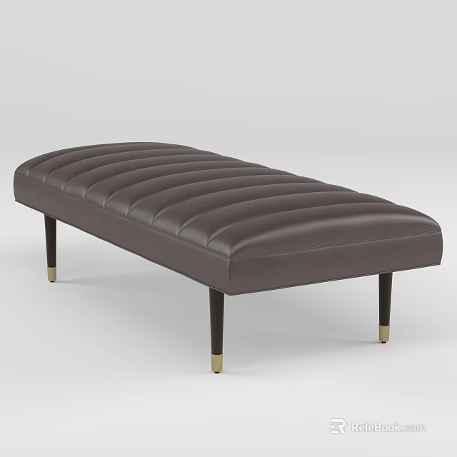 Stylish Dark Brown Leather Ottoman with Striped Stitching and Gold Accent Legs 3d model 