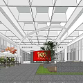 Modern Hotel Lobby Interior Design With White Ceiling Green Plants Red Decor And Lawn Area