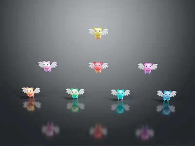 Colorful Winged Creatures in Yellow Pink Orange Green Blue Arranged on Black Background with Reflections 3d model