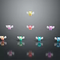 Colorful Winged Creatures in Yellow Pink Orange Green Blue Arranged on Black Background with Reflections