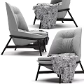 Gray Leisure Chair with High Back Pleated Plush Cushion Dark Wooden Legs and Patterned Blanket