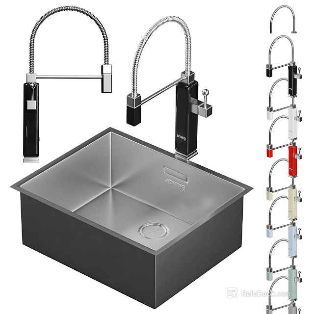 Modern Stainless Steel Kitchen Sink with Square Design and Colorful Faucets 3d model 
