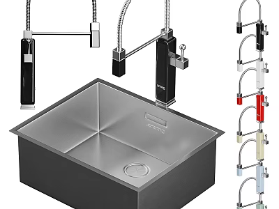 Modern Stainless Steel Kitchen Sink with Square Design and Colorful Faucets 3d model