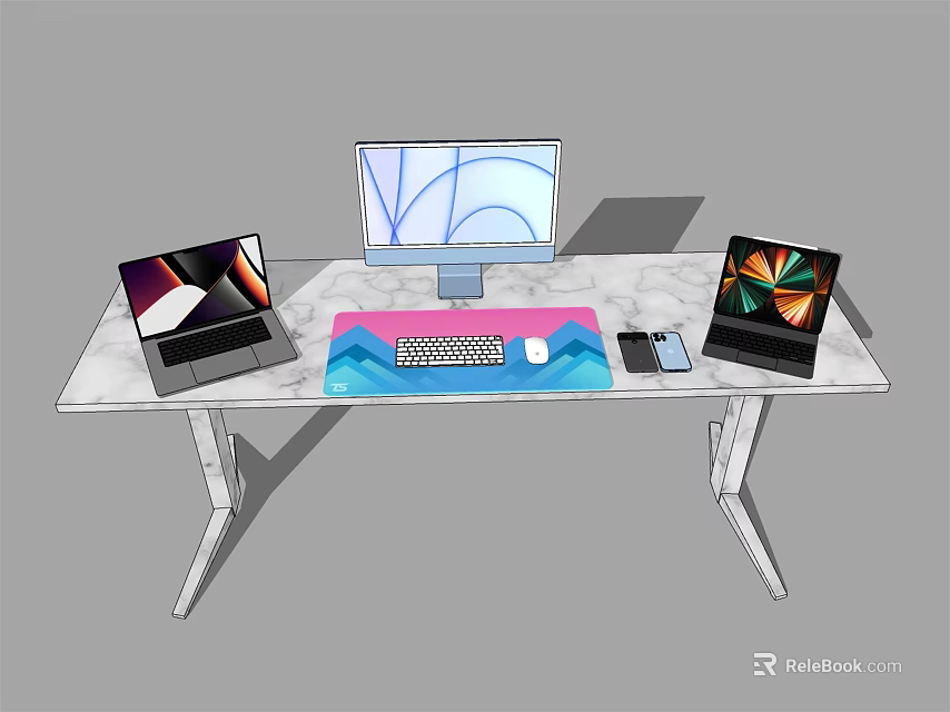 Modern Computer Workstation Setup With Desktop Monitor Laptops Keyboard Mouse And Smartphone 3d model 
