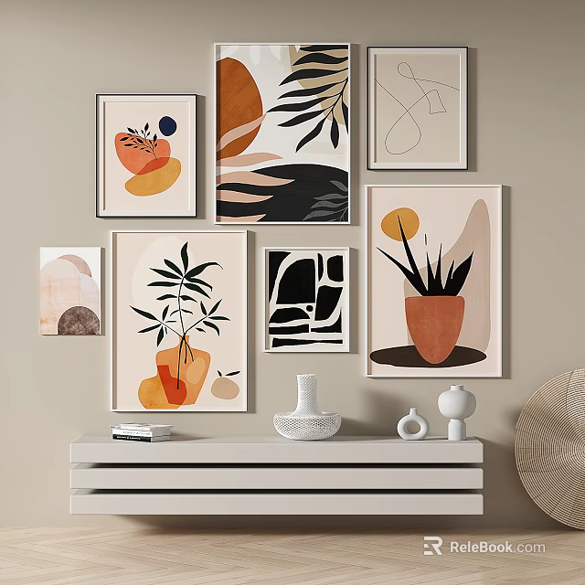Modern Minimalist Interior With Wall Art Prints And Shelf Decor 3d model