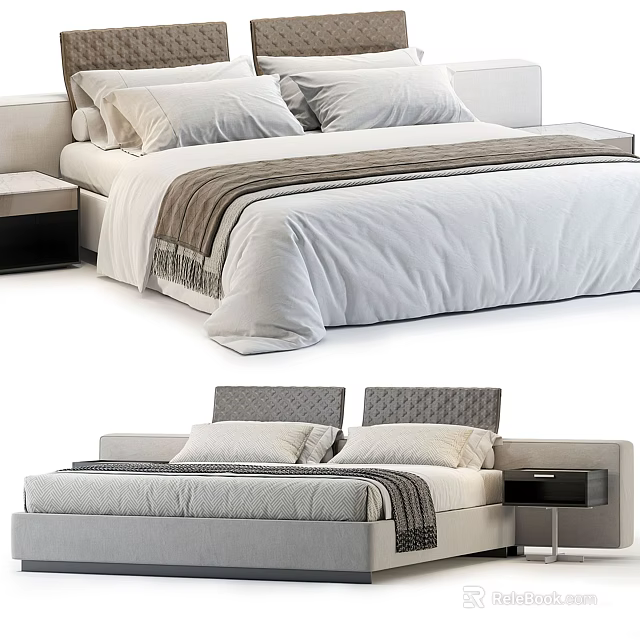 Modern Double Bed Bedroom Interior With Upholstered Headboard And Wooden Nightstand 3d model 