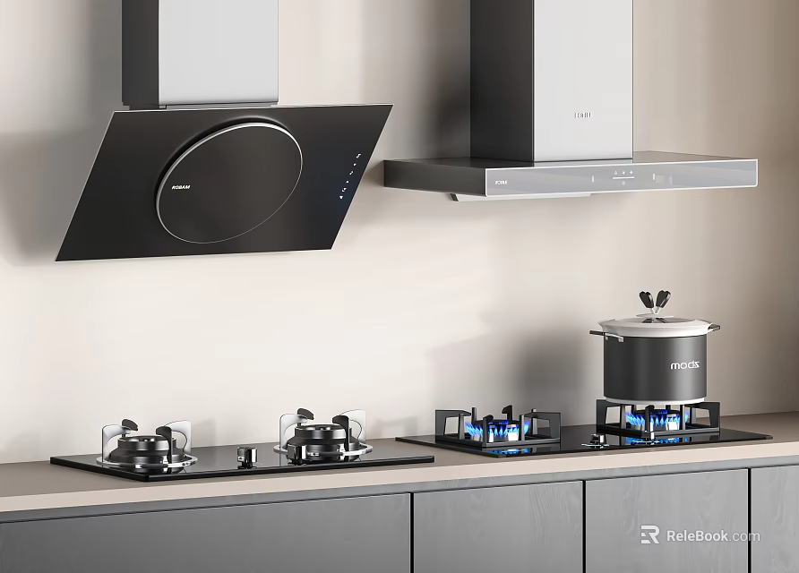 Modern Kitchen Appliances With Slanted And Overhead Range Hoods And Gas Stoves 3d model 
