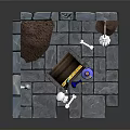 Stone Wall And Floor Corner Scene Featuring Treasure Chest Torch Broom Bones And Blue Bottle