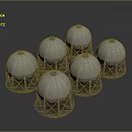 Six White Spherical Water Tanks With Metal Support Structures On Gray Background