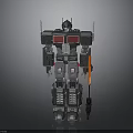 Mechanical Robot Figure With Red Chest Panels Spiked Arms And Orange Weapon