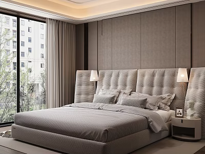 Modern Bedroom Interior With Tufted Headboard Gray Bedding Table Lamps On Nightstand And Window View 3d model