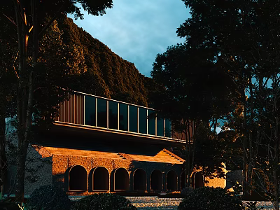 Mountain View Guesthouse Building With Modern Glass Balcony Traditional Arches And Tree Surroundings At Twilight 3d model