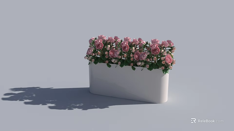 Beautiful Pink Roses In White Rectangular Flower Pot With Green Leaves 3d model