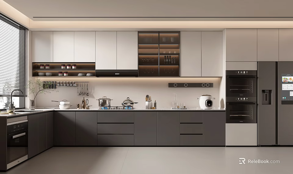 Modern Kitchen Interior With White Dark Gray Cabinets Island Countertop Kitchenware And Ceiling Light Strips 3d model 