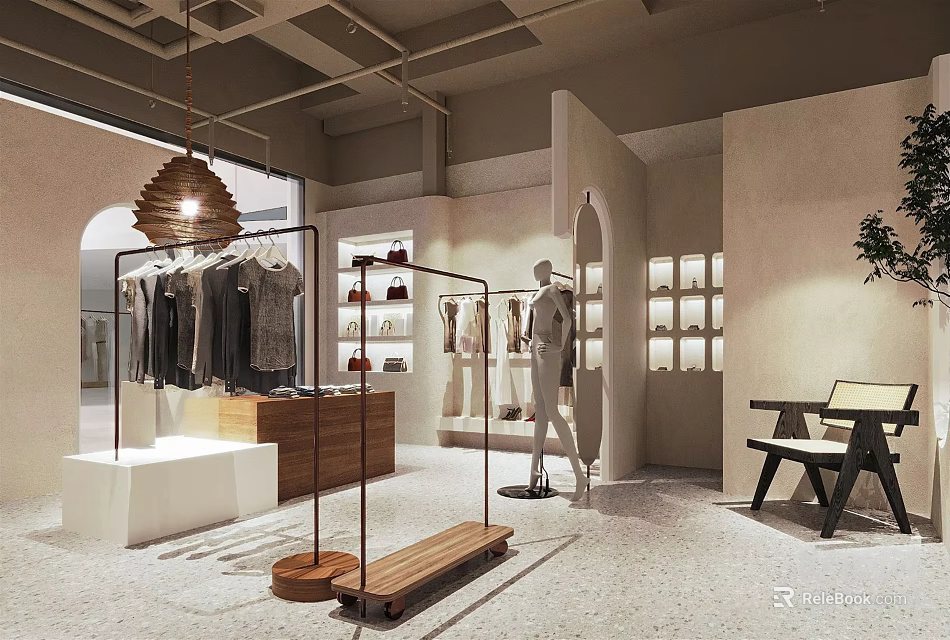 Stylish Clothing Store Interior Design With Hanging Racks Mannequins And Display Shelves 3d model 