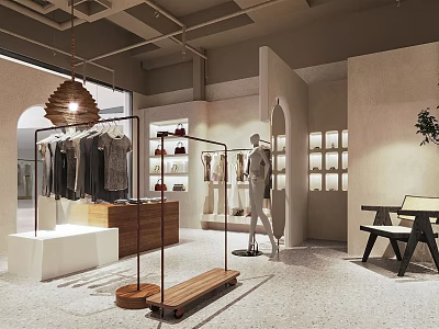 Stylish Clothing Store Interior Design With Hanging Racks Mannequins And Display Shelves 3d model