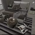 Modern Elegant Double Bed with Upholstered Headboard Pillows Nightstands Lamps Rug Ottoman and Window View