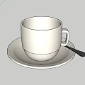 White Cup on a White Saucer with a Black Spoon on Purple Background