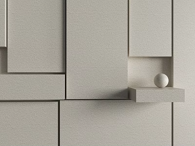 Grey Background Wall with Various Sizes Rectangular Blocks and Small Square Shelf Holding White Sphere 3d model