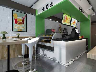 Green Fast Food Restaurant Interior With Counter Display Shelves And Tables 3d model