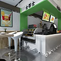 Green Fast Food Restaurant Interior With Counter Display Shelves And Tables
