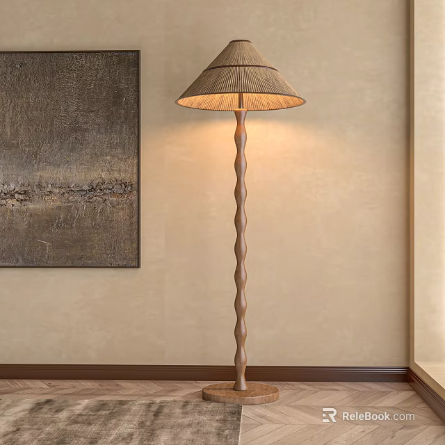 Natural Wooden Floor Lamp With Twisted Pole Conical Shade And Abstract Wall Art 3d model 