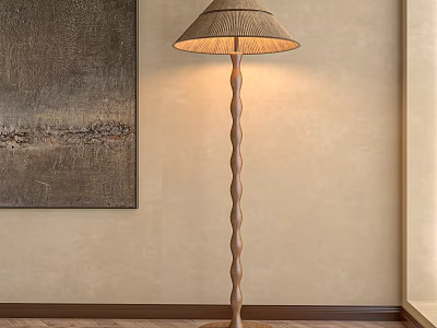 Natural Wooden Floor Lamp With Twisted Pole Conical Shade And Abstract Wall Art 3d model