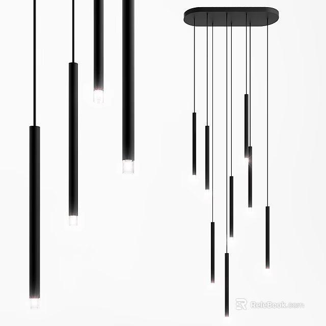 Modern Black Linear Pendant Lights Hanging In Contemporary Interior Design 3d model 
