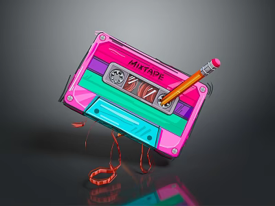 Vibrant Mixtape Cassette Tape With Pencil And Creative Retro Audio Equipment Design 3d model