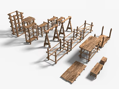 Wooden and Stone Furniture Components with Tables Shelves Benches and Frames 3d model