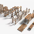 Wooden and Stone Furniture Components with Tables Shelves Benches and Frames