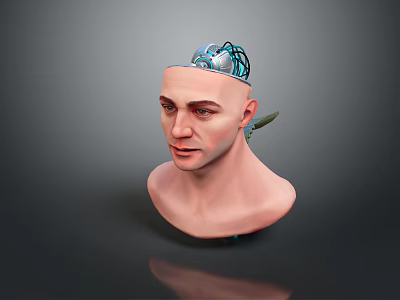 Futuristic Sci Fi Game And Movie Character 3D Head With Blue Mechanical Structure Green Ear Decor 3d model
