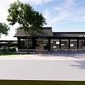 Traditional Chinese Teahouse Exterior With Traditional Roof Wooden Structure Display Windows Outdoor Seating And Trees