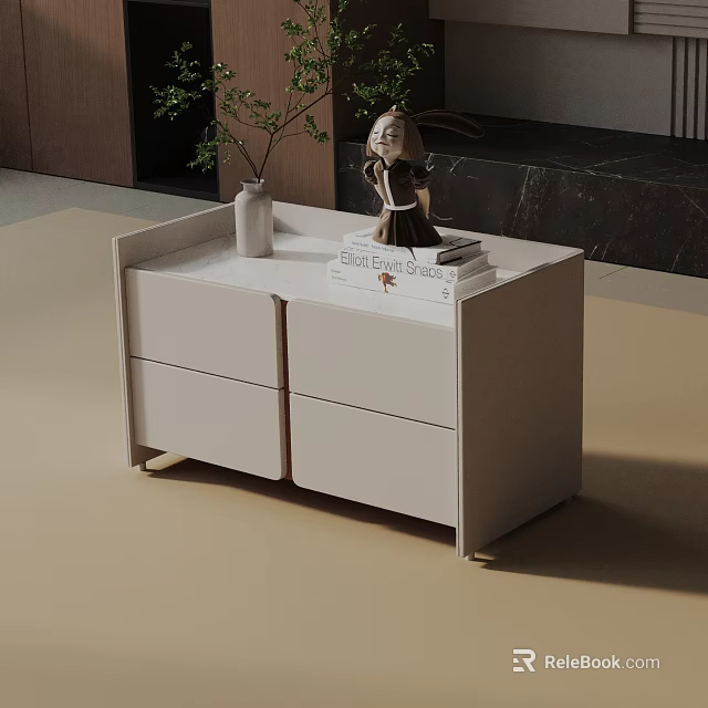 Modern Light Colored Side Table With Storage Drawers Cabinets And Decorative Vase Plant Doll Books 3d model 