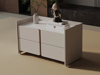 Modern Light Colored Side Table With Storage Drawers Cabinets And Decorative Vase Plant Doll Books 3d model