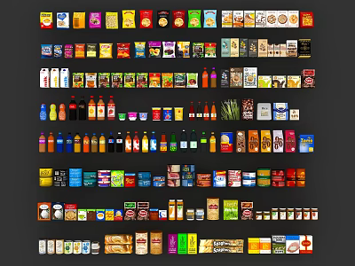 Assorted Packaged Food Products Featuring Various Brands and Packaging Designs 3d model