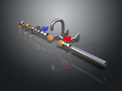 Metal Pipe Plumbing Faucet With Blue Red And Wooden Control Knobs 3d model