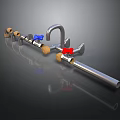 Metal Pipe Plumbing Faucet With Blue Red And Wooden Control Knobs