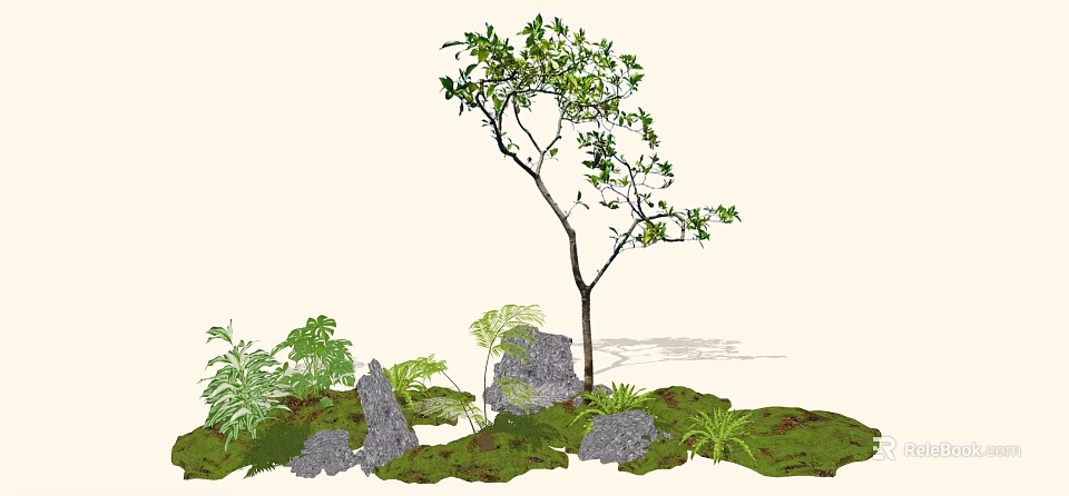 Lush Arbor with Green Plants and Scattered Stones in Natural Grassland 3d model 